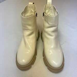 Patent Leather Cream Ankle Boots with Chunky Soles & Side Zipper - 9.5